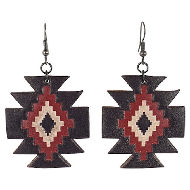 Trenditions Justin Earrings Leather Aztec Design W/Brown Red &amp; Bone 22188EJ2