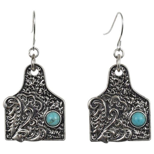 Trenditions Justin Earrings Filigree Cow Tag W/Turquoise Colored Stone 23022EJ1