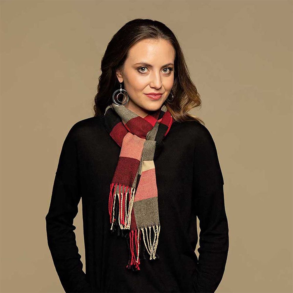 Trezo Women&#39;s Red/Black/Tan Plaid Scarf 13x68