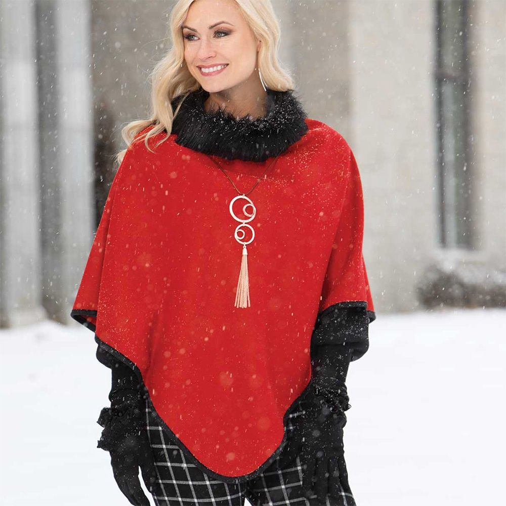 Trezo Women&#39;s Red Poncho with Black Fur Collar