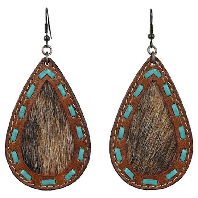 Trenditions Justin Ladies Leather Earrings Brindle Inlay W/Turquoise Lacing 23036EJ2