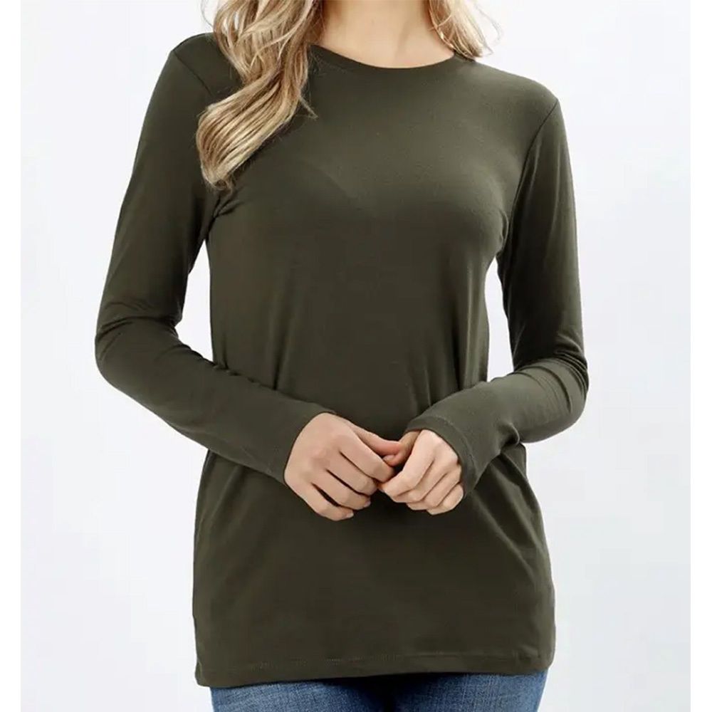 Women&#39;s Cotton Crew Neck Long Sleeve T-Shirt Dark Olive 79602