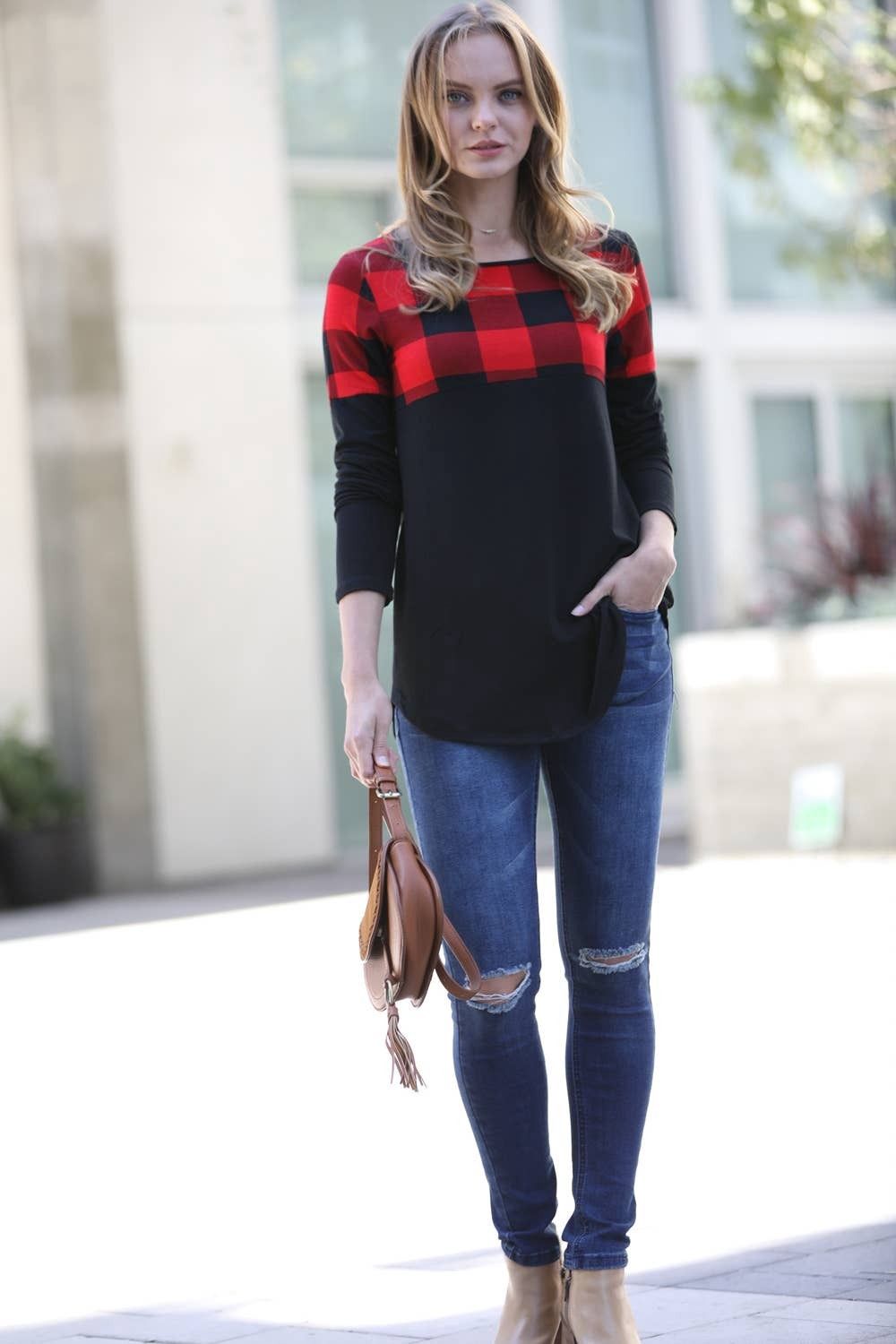 Women&#39;s Plaid Color Block Long Sleeve Top Black 102604