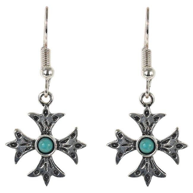 Trenditions Justin Earrings Silver Cross W/Turquoise Colored Stone 22165EJ1