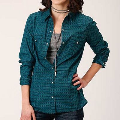 Women&#39;s Long Sleeve Pearl Snap Green Shirt 1011