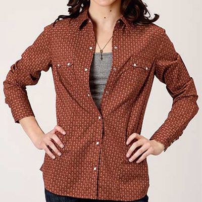 Women&#39;s Long Sleeve Arrow Geo Brown Snap Shirt 1009