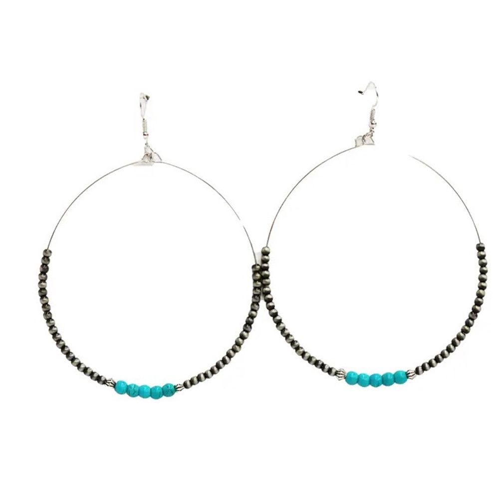 West &amp; Co 3.5&quot; Faux Navajo Pearl &amp; Green Turquoise Beaded Dangle Hoop Ear Rings