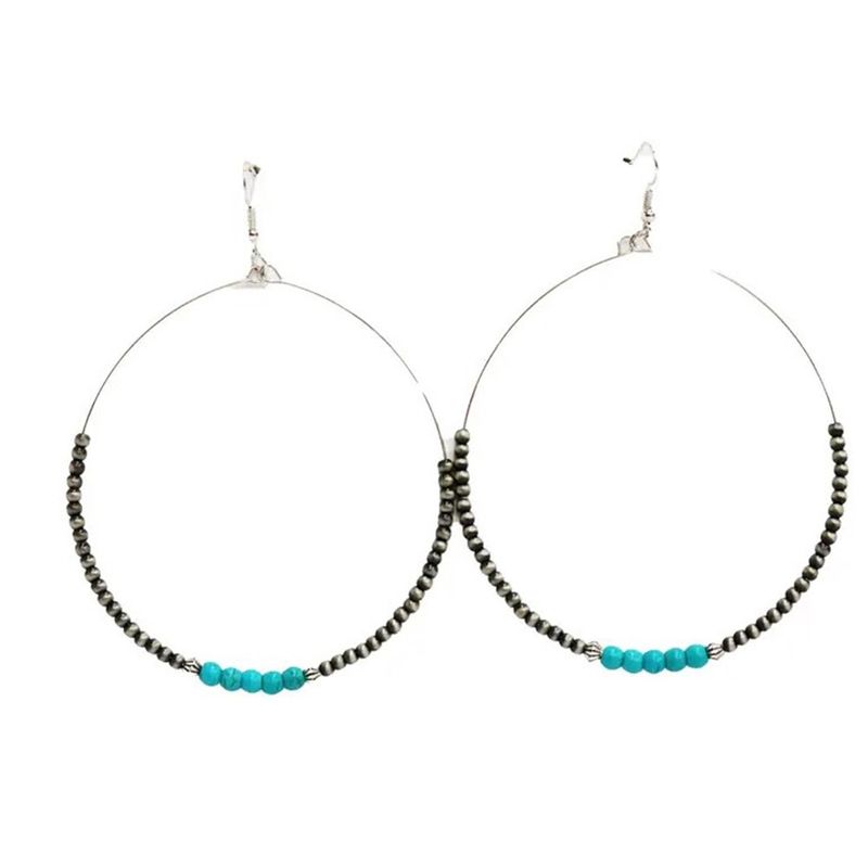 West &amp; Co 3.5&quot; Faux Navajo Pearl &amp; Green Turquoise Beaded Dangle Hoop Ear Rings