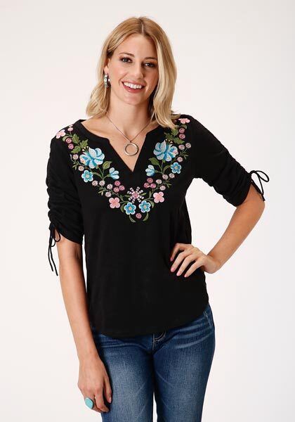 Women&#39;s Short Sleeve Black Embroidery Knit Jersey Top