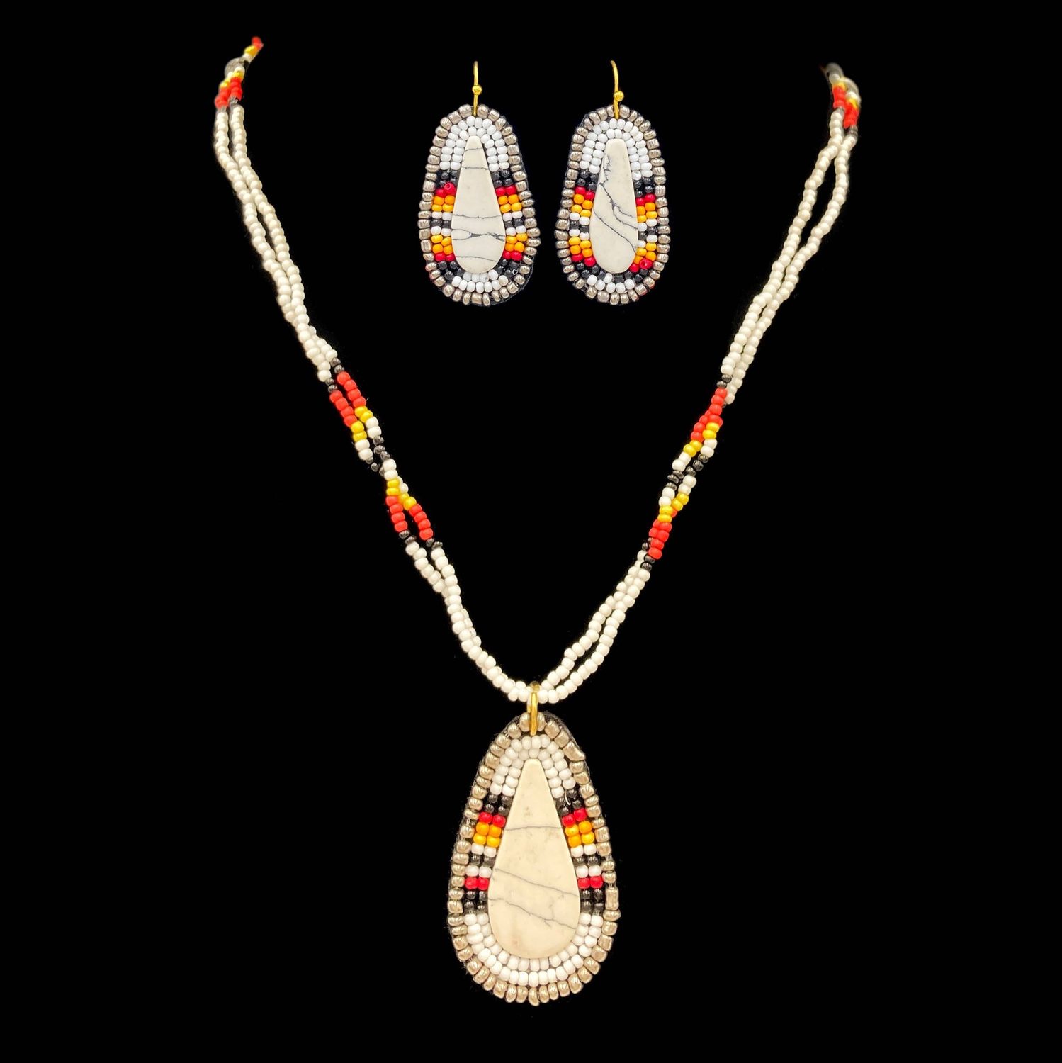 Western Native Clay Seed Beaded Necklace Earrings Set White