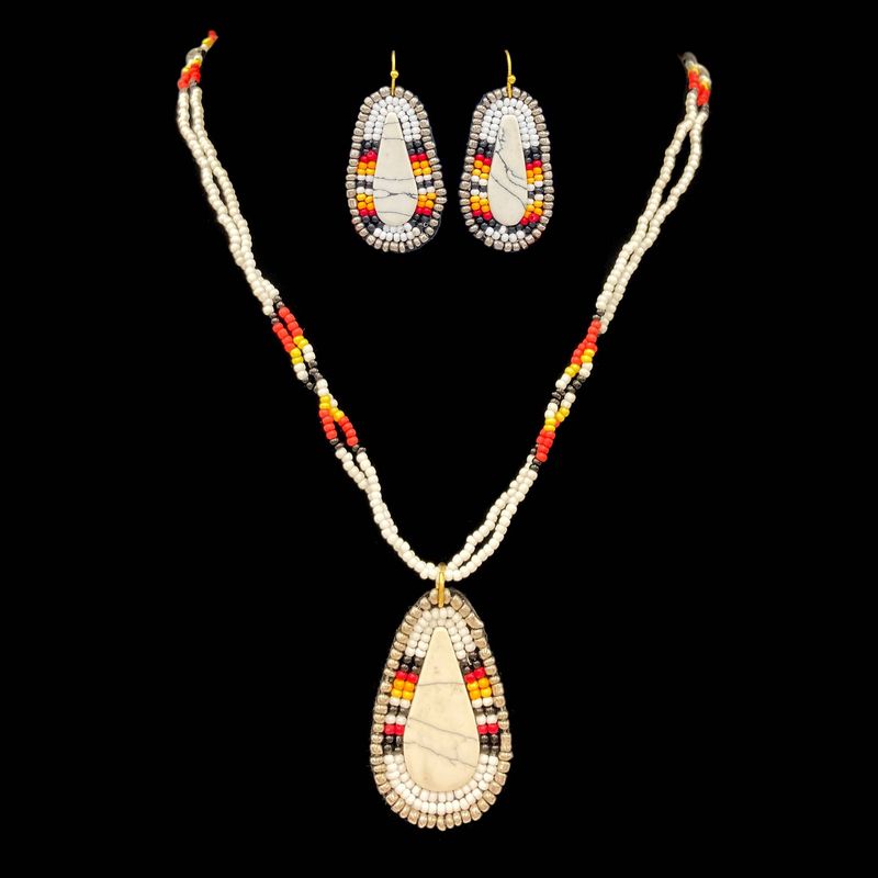 Western Native Clay Seed Beaded Necklace Earrings Set White