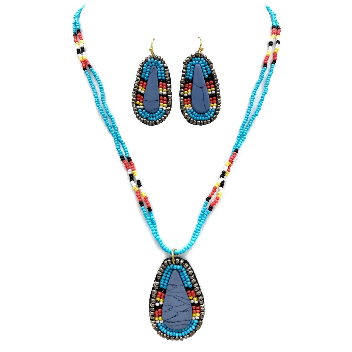 Western Native Clay Seed Beaded Necklace Earrings Set Turquoise