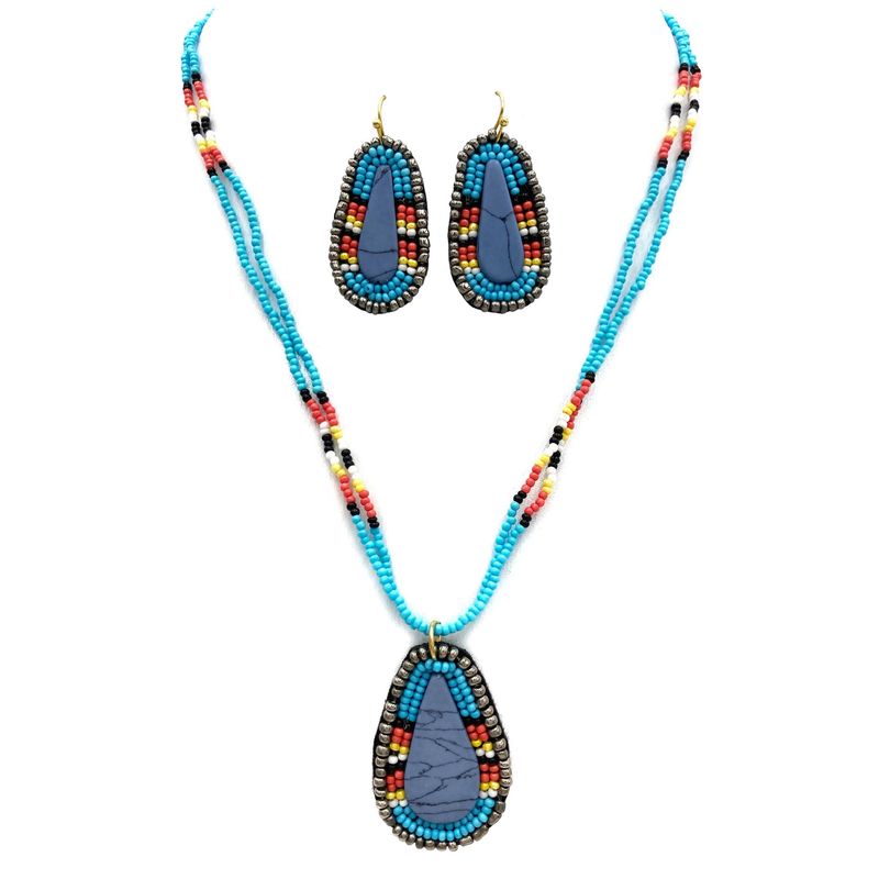 Western Native Clay Seed Beaded Necklace Earrings Set Turquoise