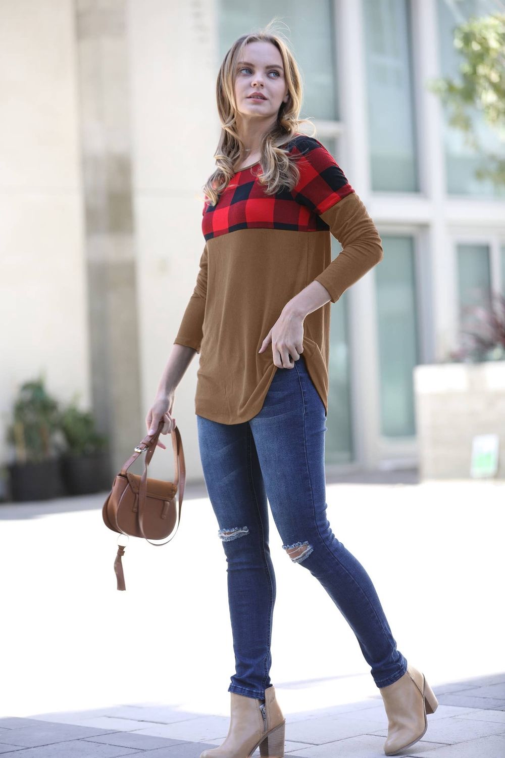 Women&#39;s Plaid Color Block Long Sleeve Top Mocha 124390