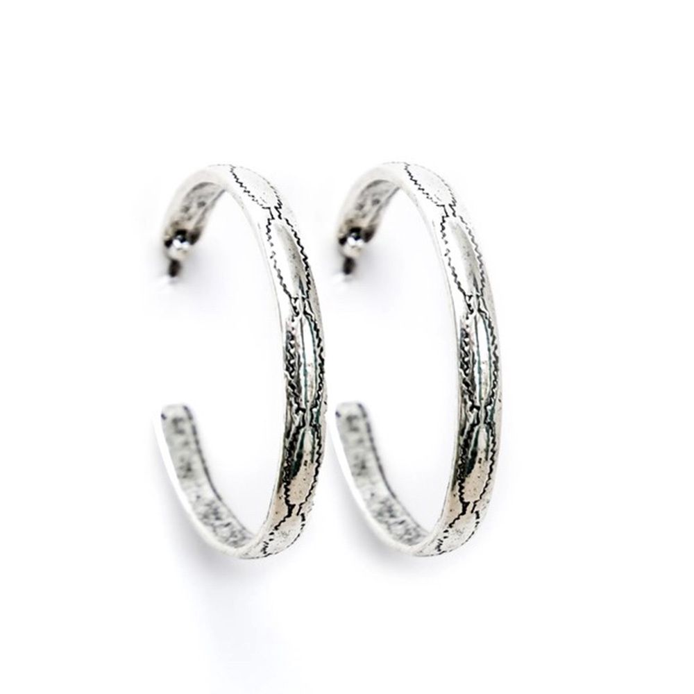West &amp; Co 2&quot; Silver Aztec Stamped Hoop Earrings