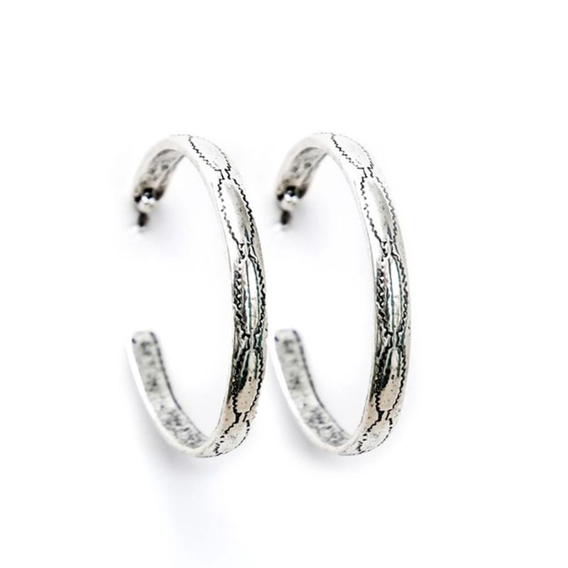 West &amp; Co 2&quot; Silver Aztec Stamped Hoop Earrings