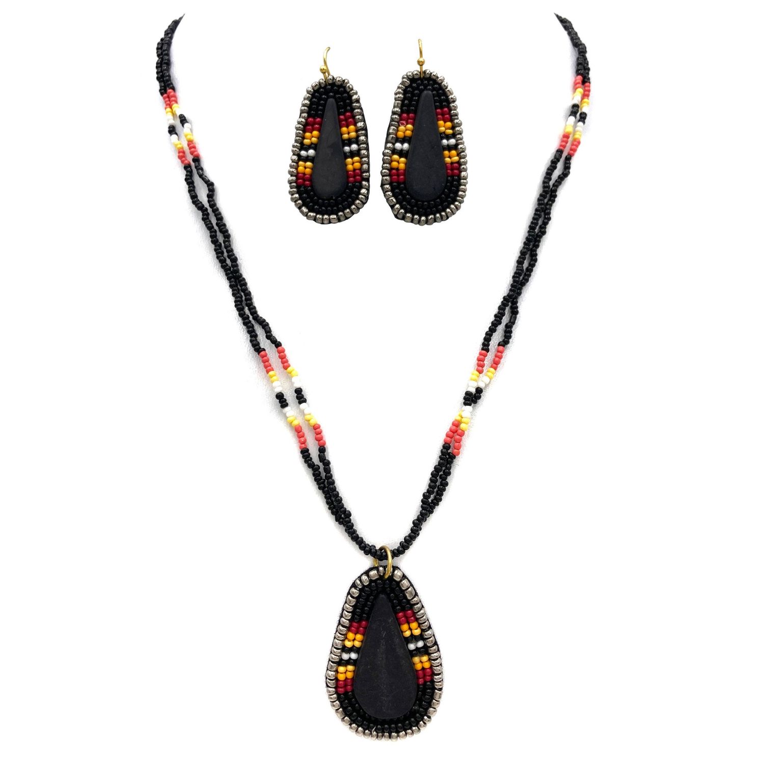 Western Native Clay Seed Beaded Necklace Earrings Set Black