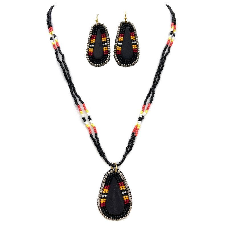 Western Native Clay Seed Beaded Necklace Earrings Set Black