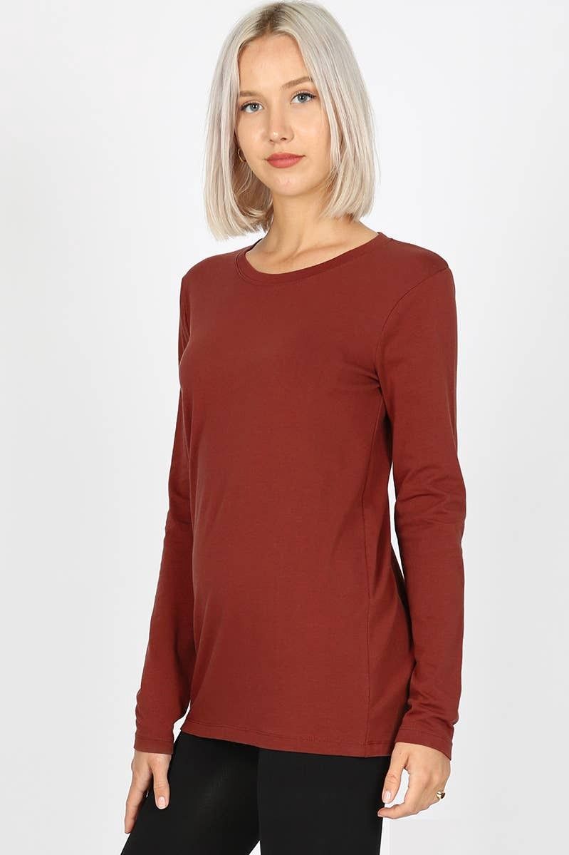 Women&#39;s Cotton Crew Neck Long Sleeve T-Shirt Dark Rust 79206