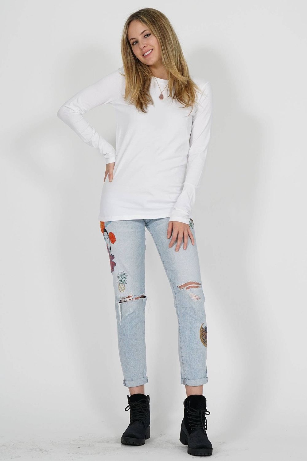 Women&#39;s Cotton Crew Neck Long Sleeve T-Shirt White 7906