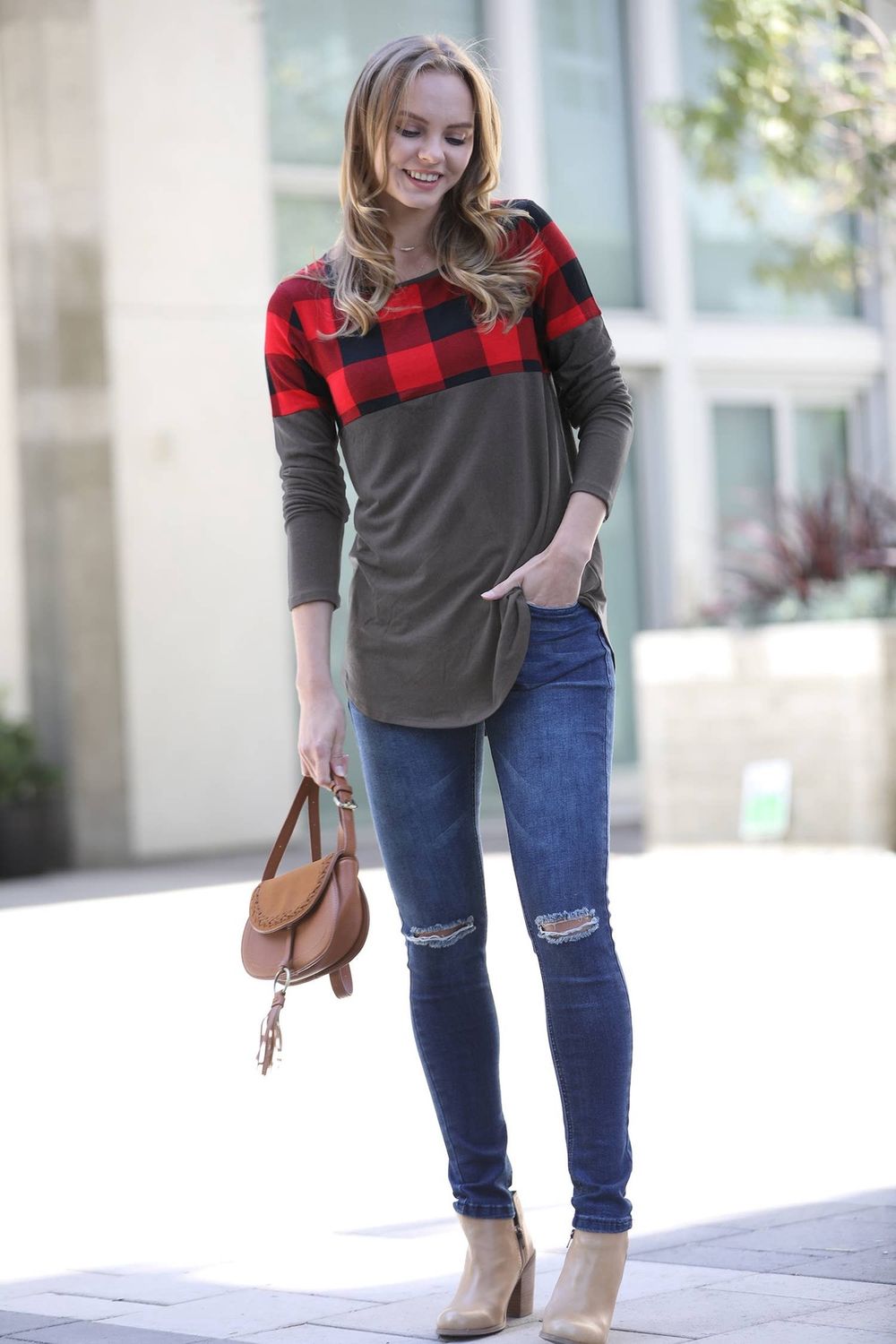 Women&#39;s Plaid Color Block Long Sleeve Top Ash Grey 122029