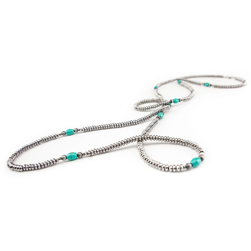 West &amp; Co 66&quot;Silver Disc Bead Necklace W/Green Turquoise Beaded Accent