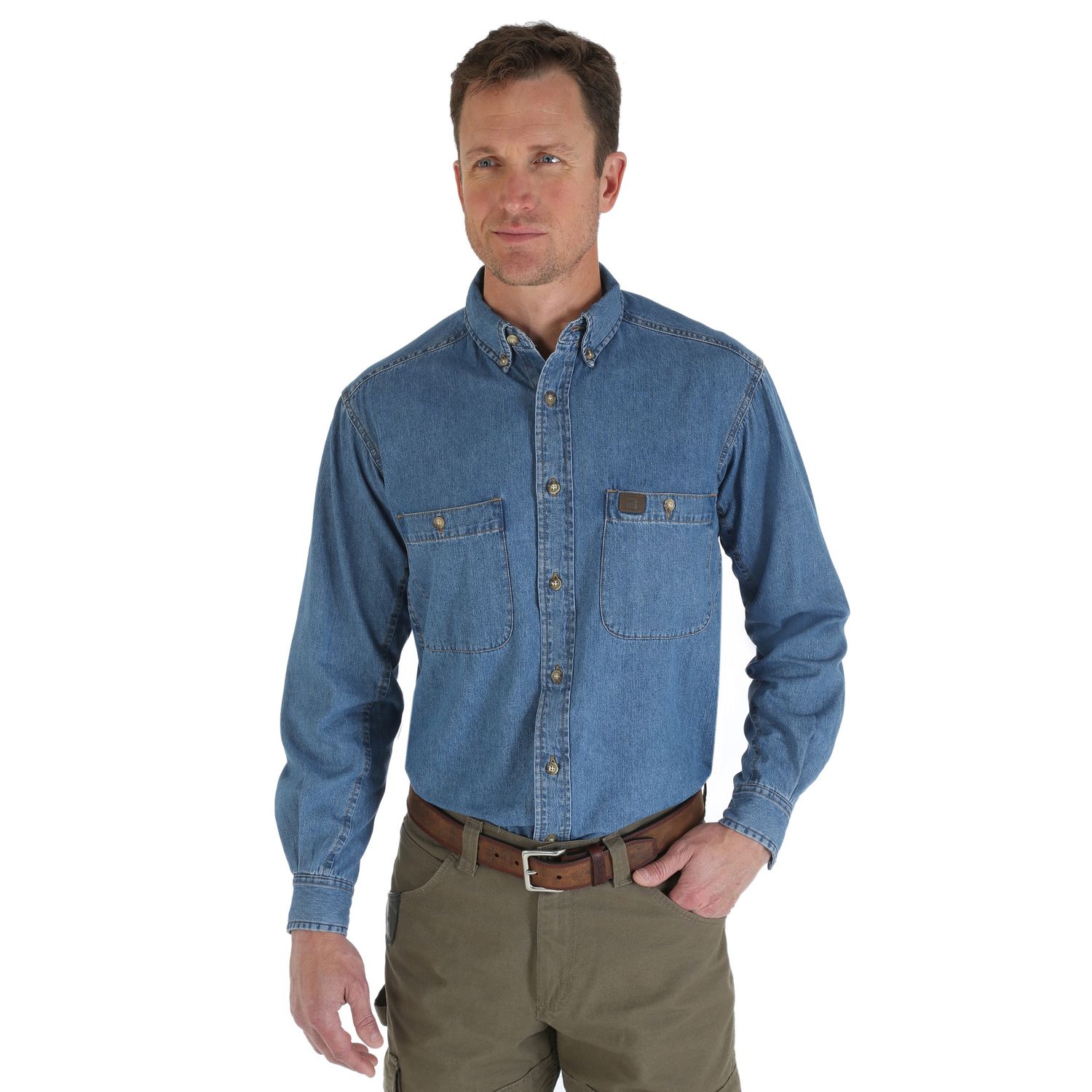 Wrangler Riggs Workwear Long Sleeve Button Down Solid Denim Work Shirt in Antique