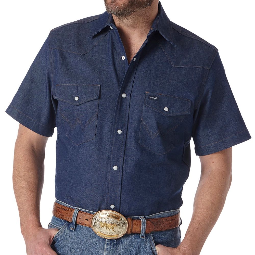 Wrangler Men&#39;s Cowboy Cut Firm Finish Denim Short Sleeve Work Shirt MS3127B