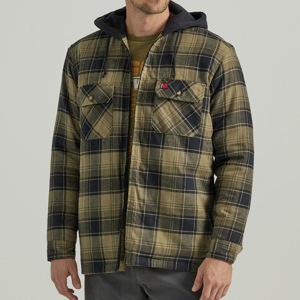 Wrangler Riggs Workwear Long Sleeve Hooded Flannel Work Jacket Green 112330072