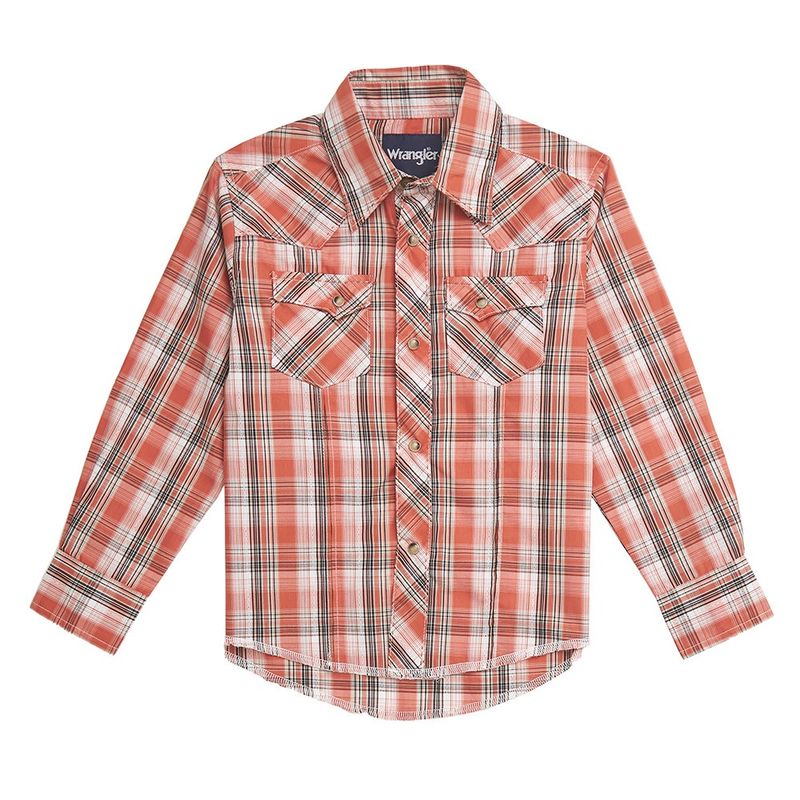 Wrangler Boy&#39;s Long Sleeve Fashion Western Snap Plaid Shirt Cider Orange