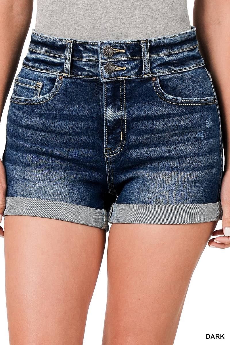 Zenana Women&#39;s Cuffed Double Button Denim Shorts