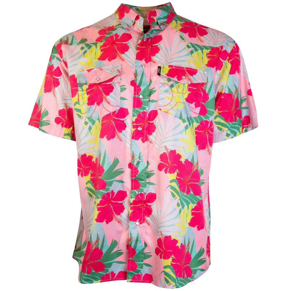 Hooey Men&#39;s SOL Pink/Palm Print Short Sleeve Pearl Snap Shirt HT1761PK, Attribute: Small