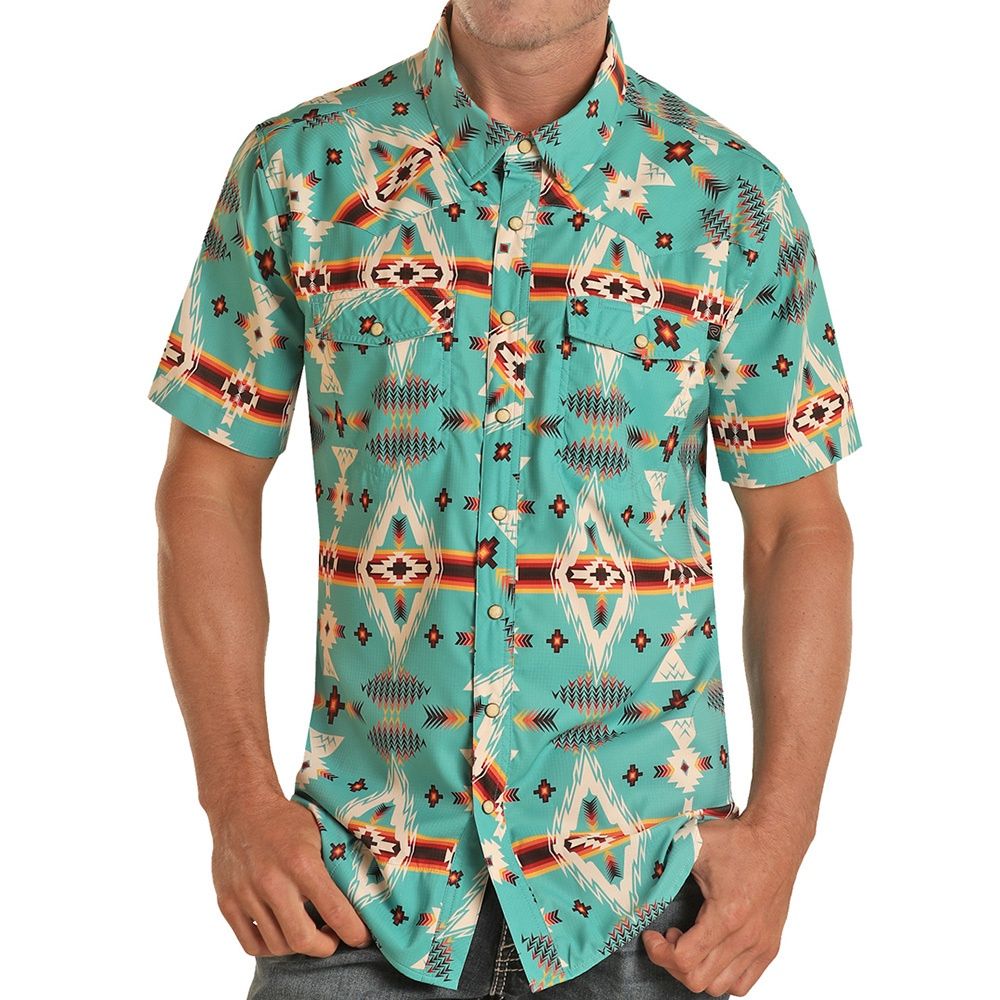 Rock &amp; Roll Denim Men&#39;s Tek Western  Aztec Caribbean Snap Short Sleeve Shirt, Size: Small