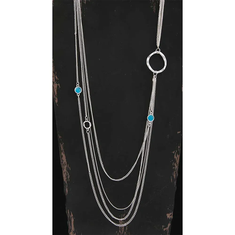 2 Blue Stones on Silver 4 Strand Chain Necklas 38&quot;