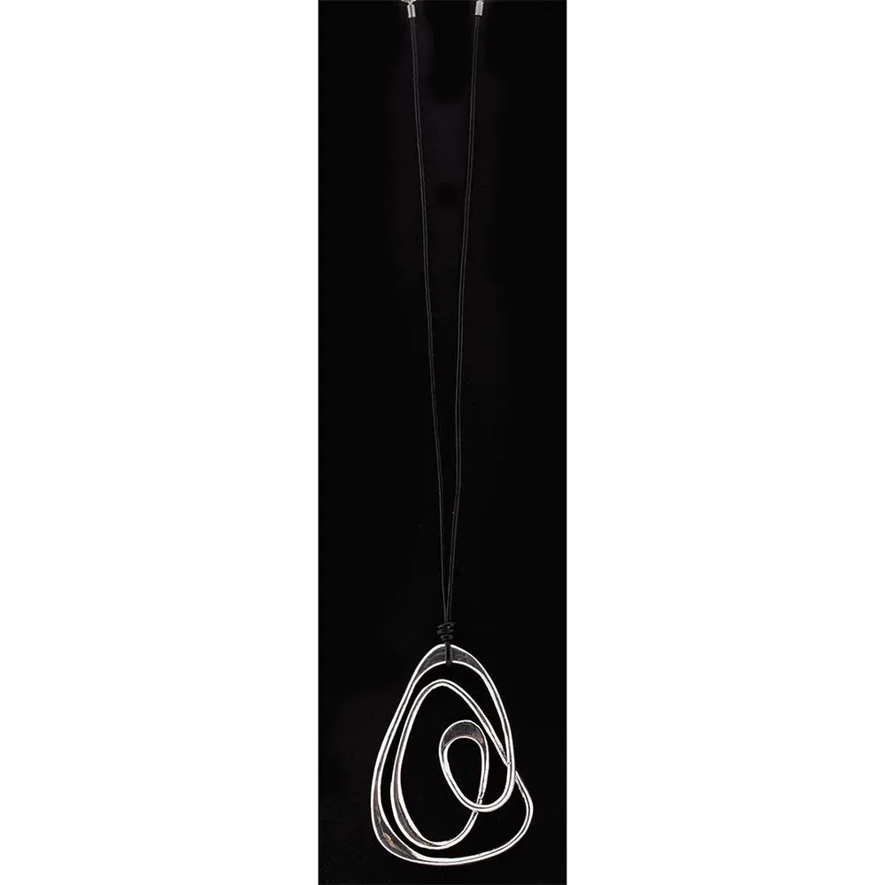 Silver Artisan Circle on Black Cord Necklace C2830