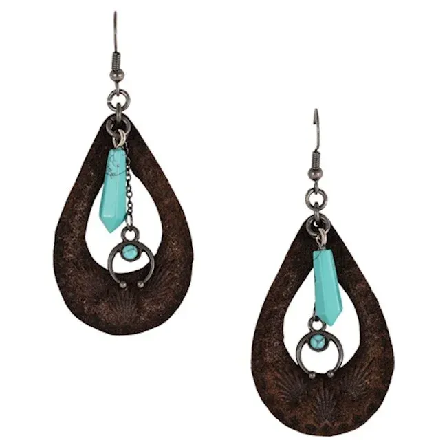 Trenditions Justin Earrings Tooled Leather W/Faux Turquoise 22121EJ2