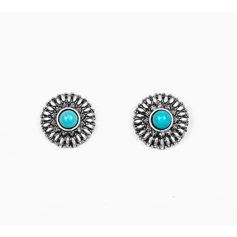 West &amp; Co .75&quot; Silver Flower Stud Earring with Turquoise Accent
