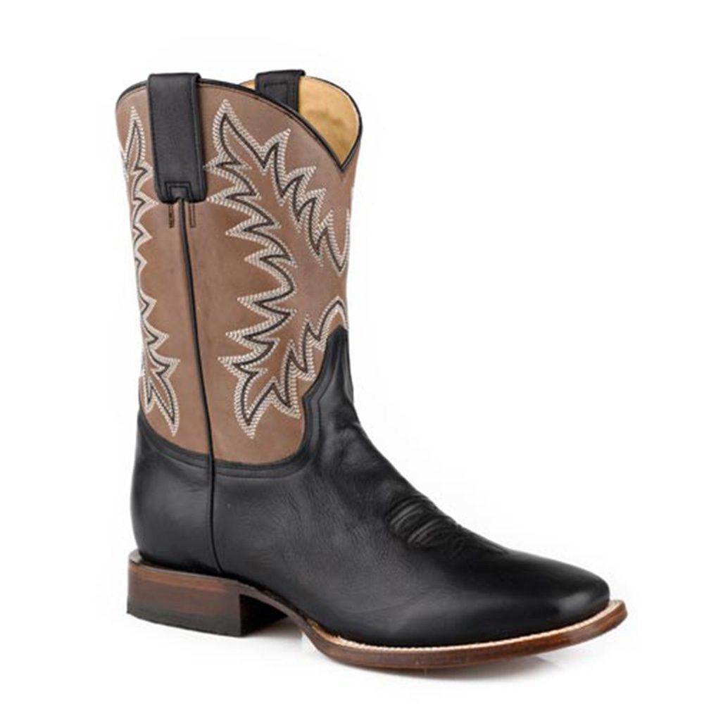 Stetson Men&#39;s Square Toe Black Leather Vamp Brown Shaft Boots, Size: 8.5D