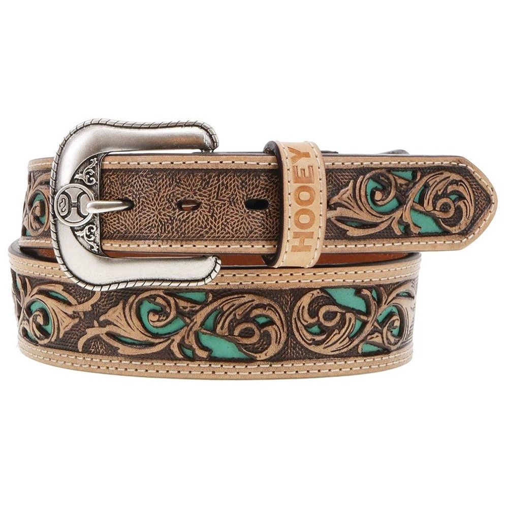Hooey Men&#39;s Top Notch Tooled Belt Natural/Turquoise HMBLT003, Size: 32