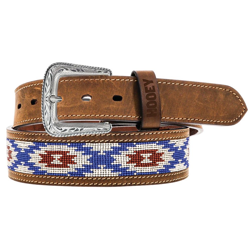 Hooey Ware Natural/Tan W/Red/Blue &amp; White Beaded Belt HMBLT059, Size: 32