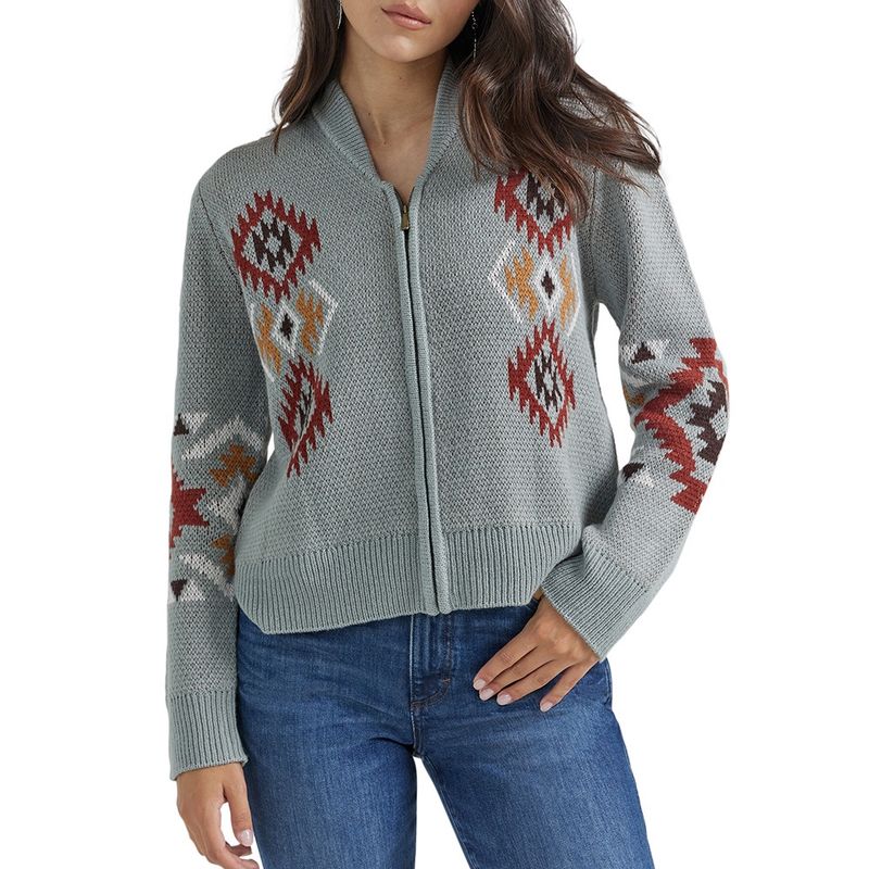 Wrangler Women&#39;s Southwestern Full Zip Cardigan Sweater in Cactus, Size: Small