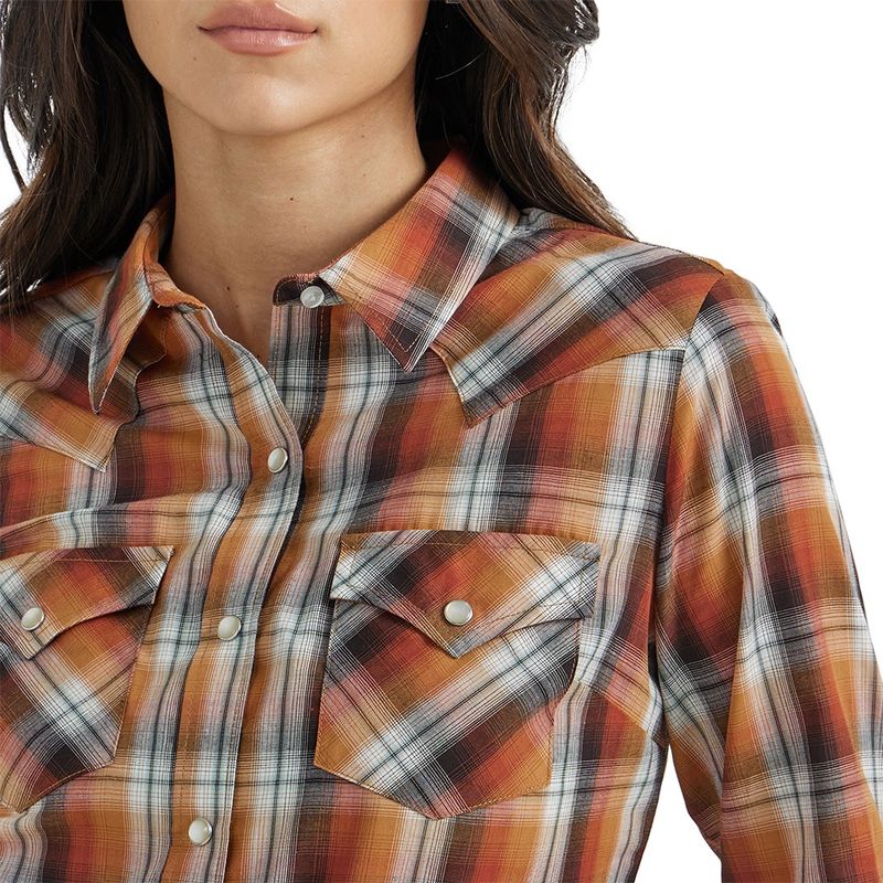 Wrangler Women's Essential Long Sleeve Plaid Western Snap Harvest Orange Shirt