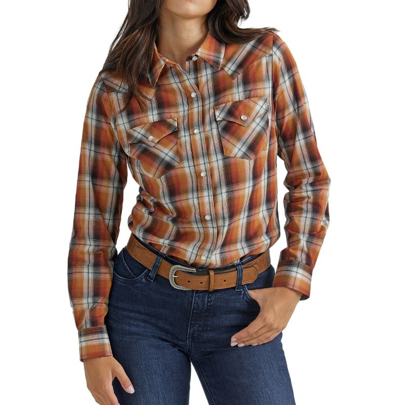 Wrangler Women&#39;s Essential Long Sleeve Plaid Western Snap Harvest Orange Shirt