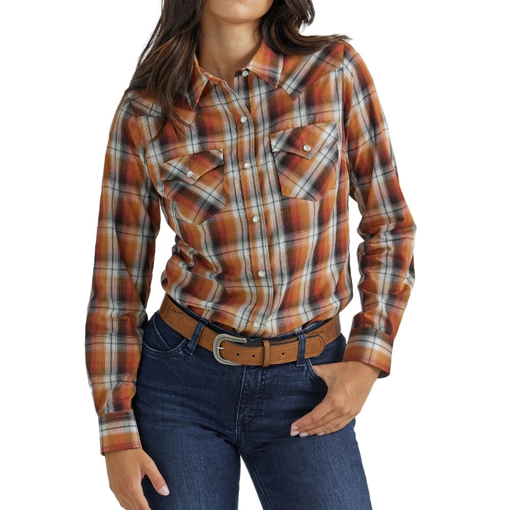 Wrangler Women&#39;s Essential Long Sleeve Plaid Western Snap Harvest Orange Shirt, Size: Small