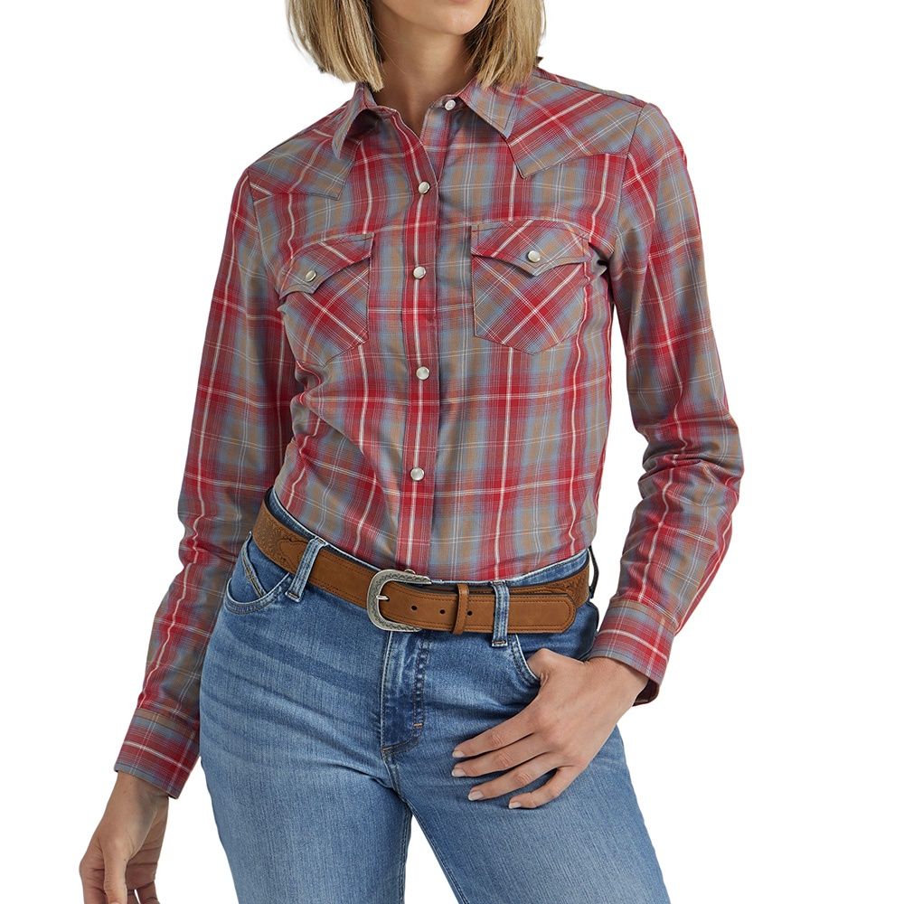 Wrangler Women&#39;s Essential Long Sleeve Plaid Western/Snap Red Grey Shirt, Size: Small