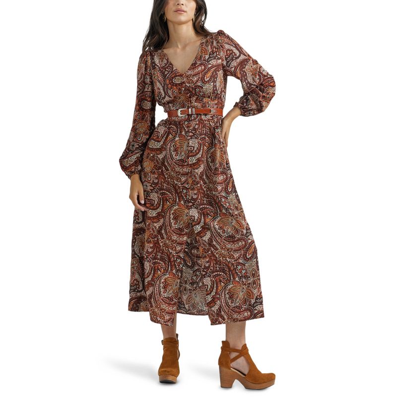 Wrangler Women's Paisley Button Front Maxi Burgundy Dress