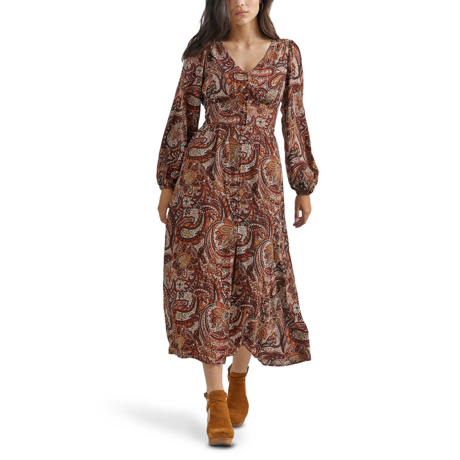Wrangler Women&#39;s Paisley Button Front Maxi Burgundy Dress