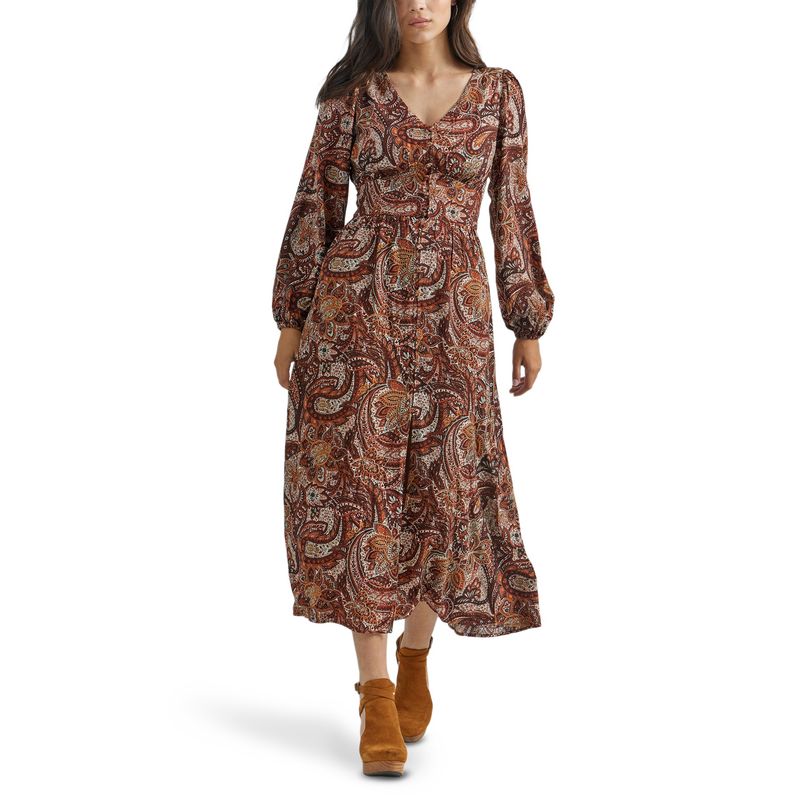 Wrangler Women&#39;s Paisley Button Front Maxi Burgundy Dress