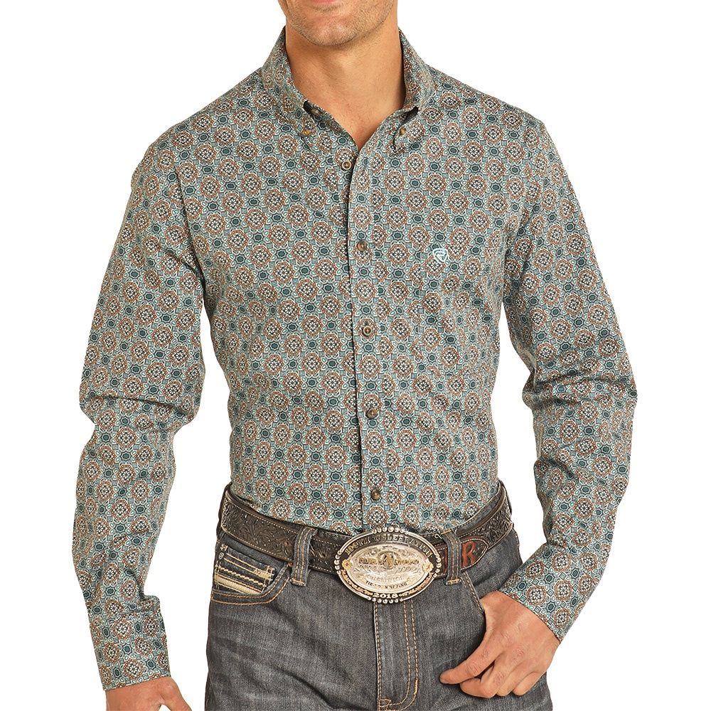 Rock &amp; Roll Denim Medallion Long Sleeve Button Shirt BMB2S04724, Size: Small