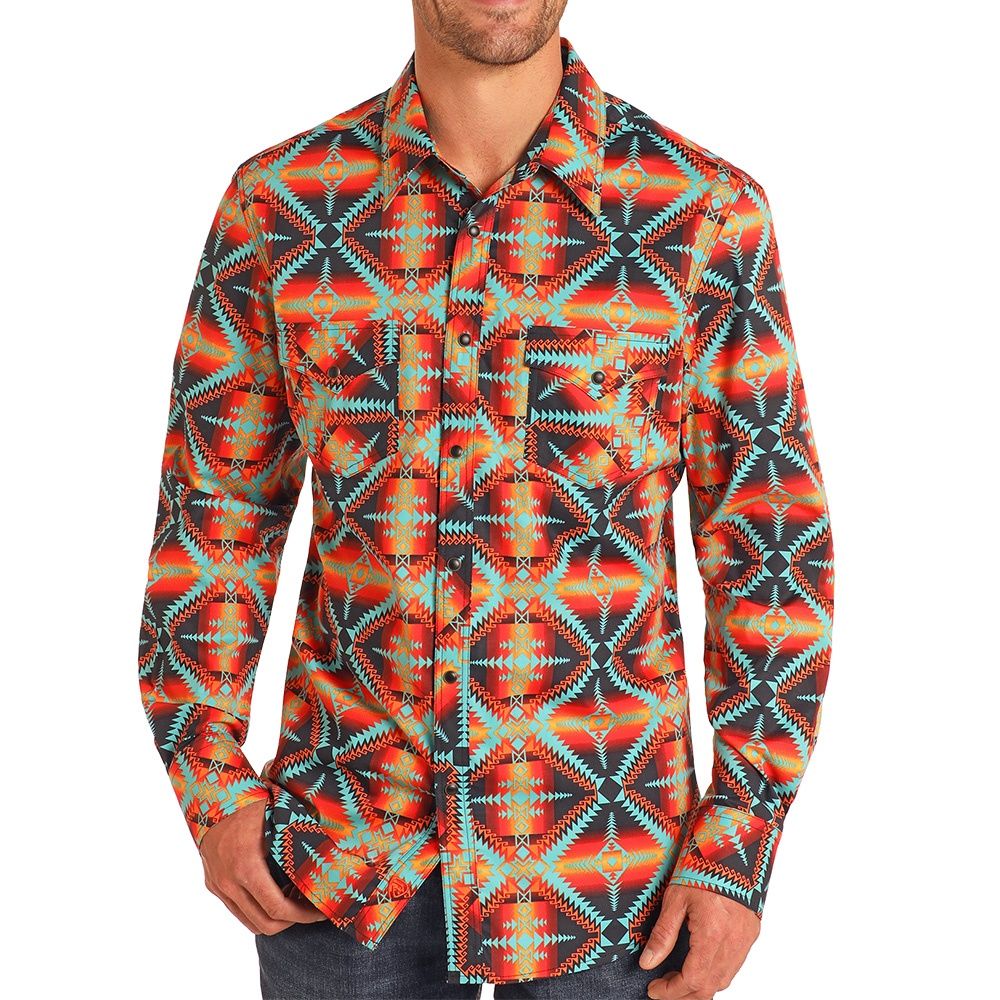 Rock &amp; Roll Denim Men&#39;s Aztec Orange Print Shirt BMN2S04738, Size: Medium